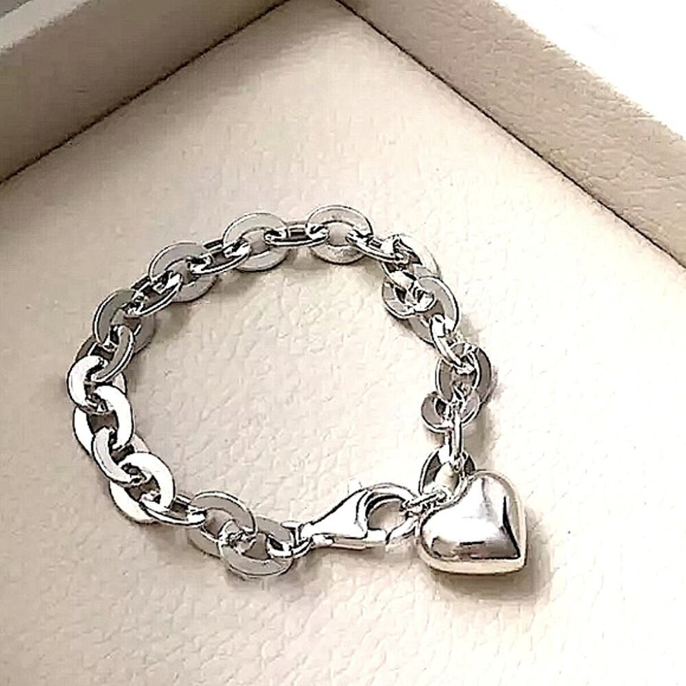 Sterling Silver Heart Charm Chain Link Bracelet